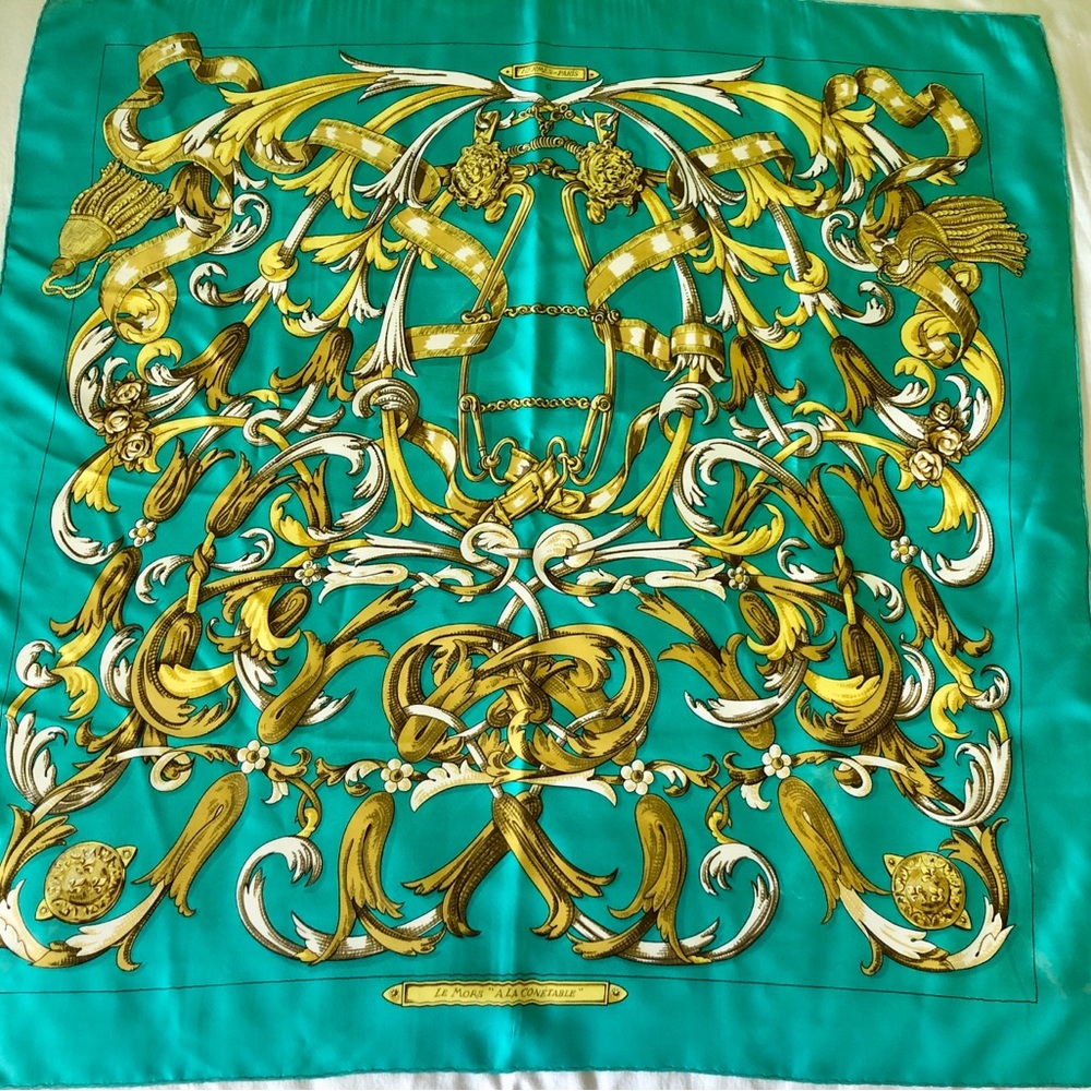 Elegant Teal and Gold Scarf Hermes silk